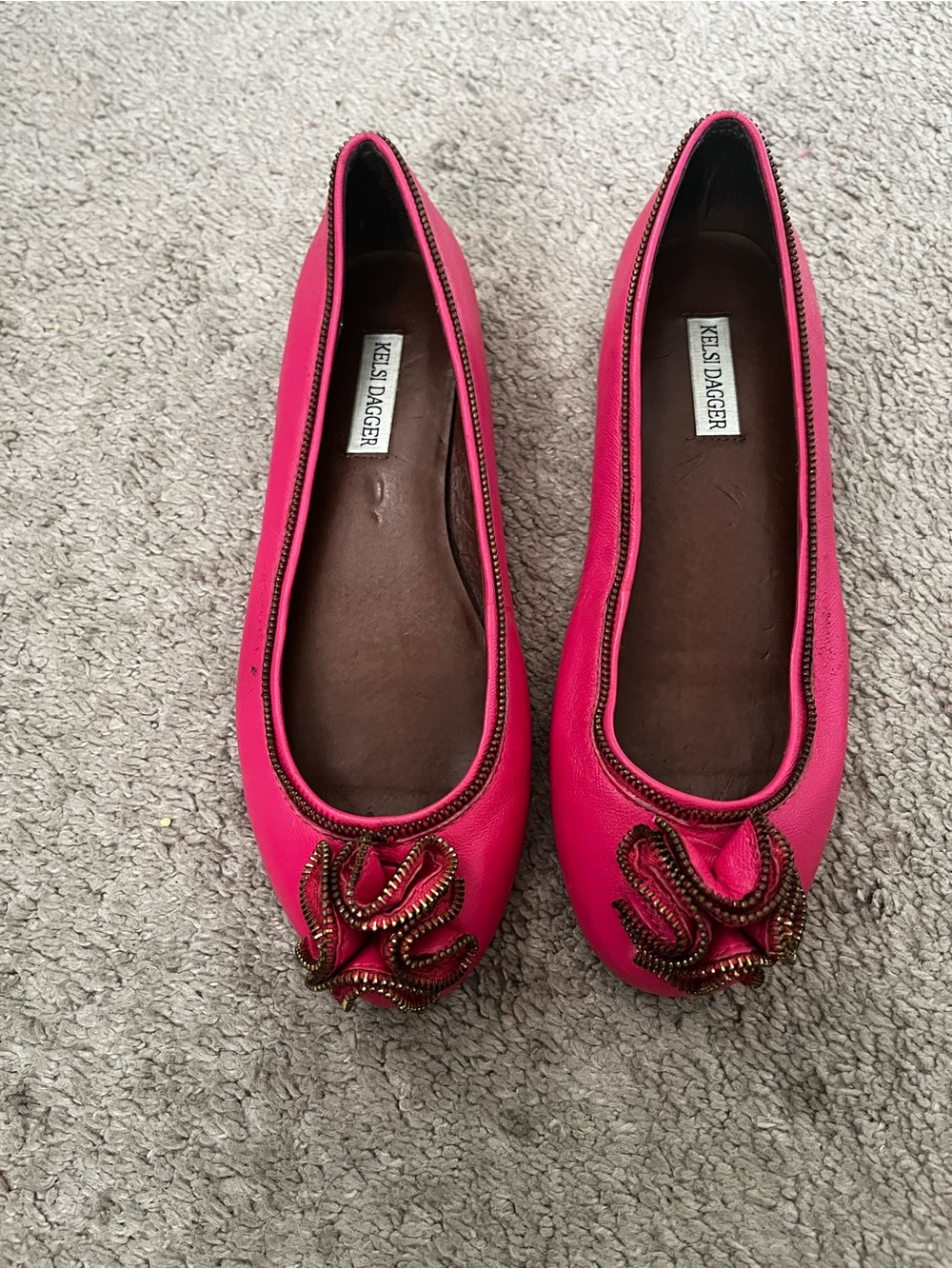 Kelsi Dagger Pink Leather Ballet Flats with Decorative Zipper Rosette